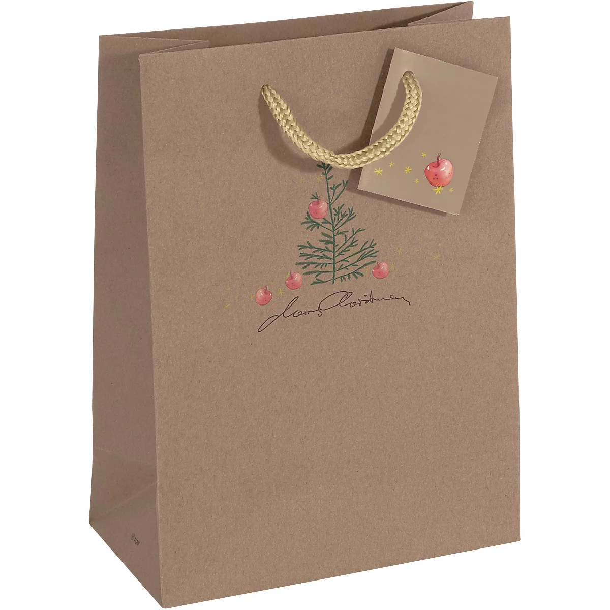 Brown paper bag with Christmas tree design and tag with apple. Text: "Love Christmas".