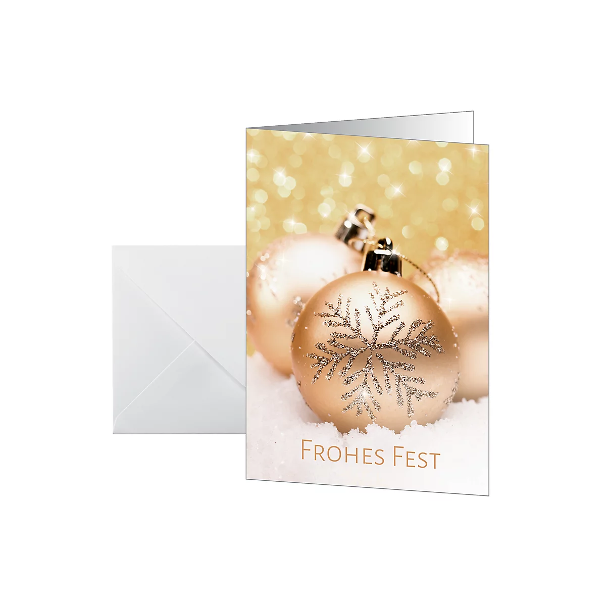 Christmas card with golden Christmas baubles on snow. Text: Frohes Fest.