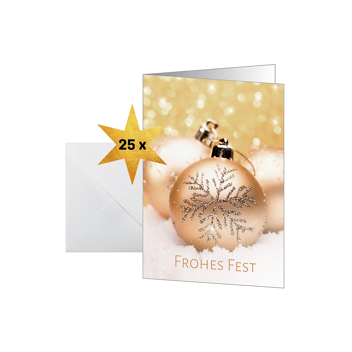 Christmas card with golden balls in the snow, inscription Merry Christmas, incl. 25 envelopes.