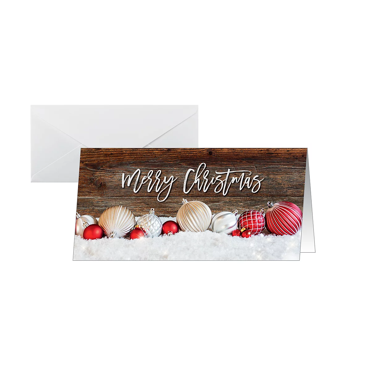 Christmas card with "Merry Christmas" text, Christmas balls and snow on wood effect. Next to it a white envelope.