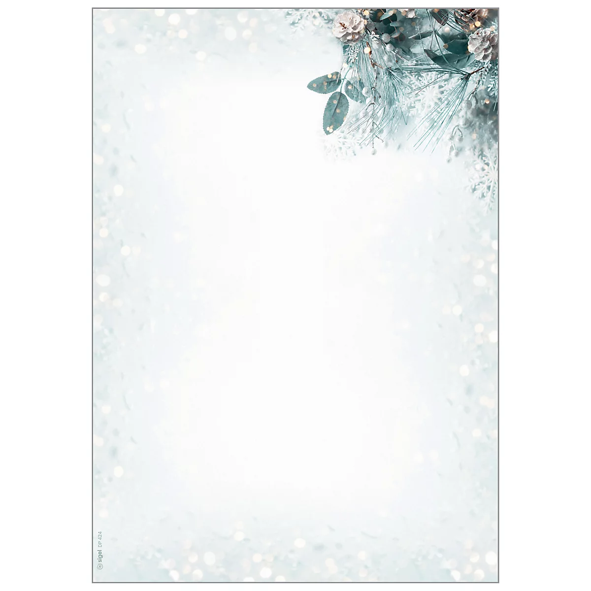 Blue and white background with glitter and floral elements in the upper right corner.