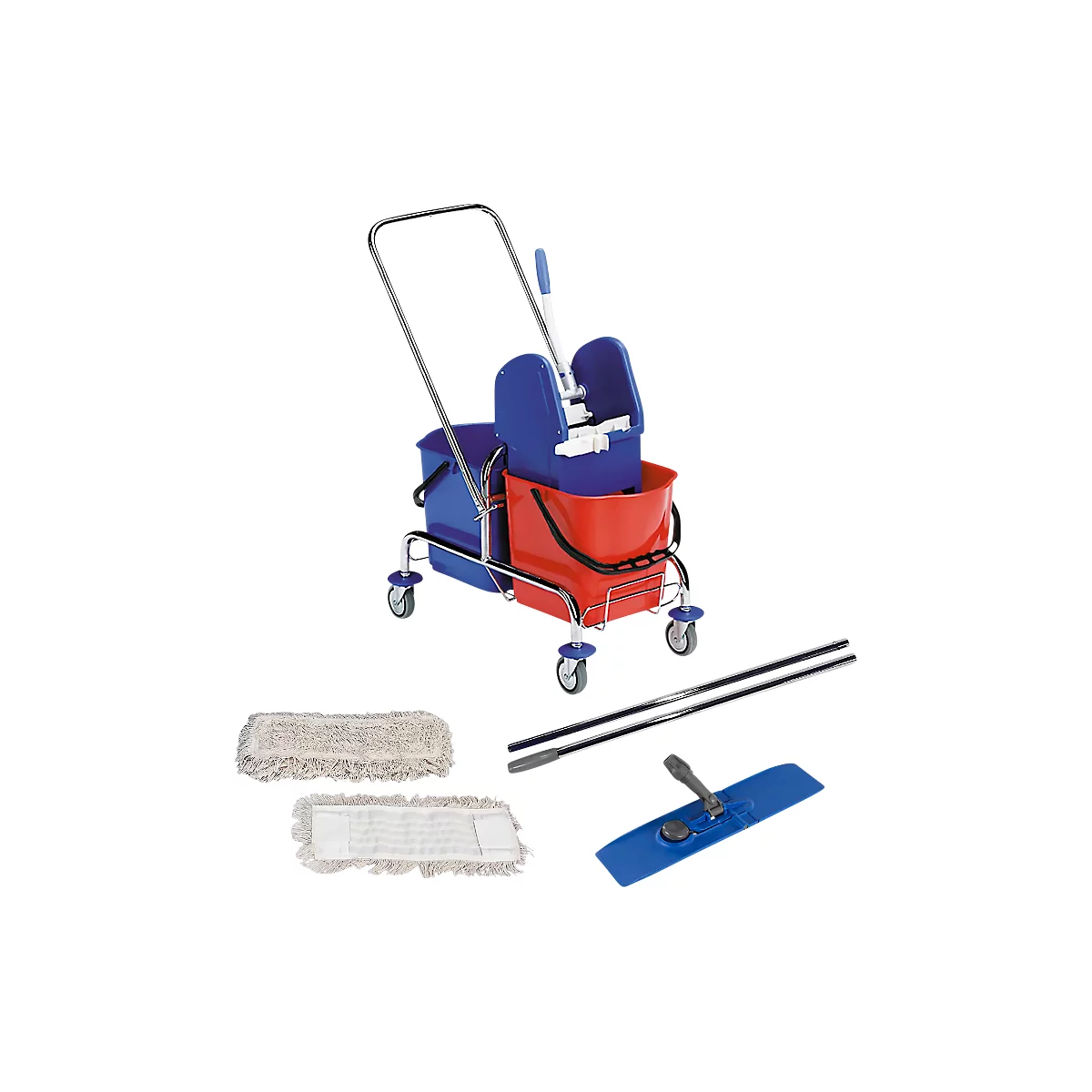 Mobile mop stand with buckets, mop and accessories, against a white background. Blue and red mop set on a trolley.