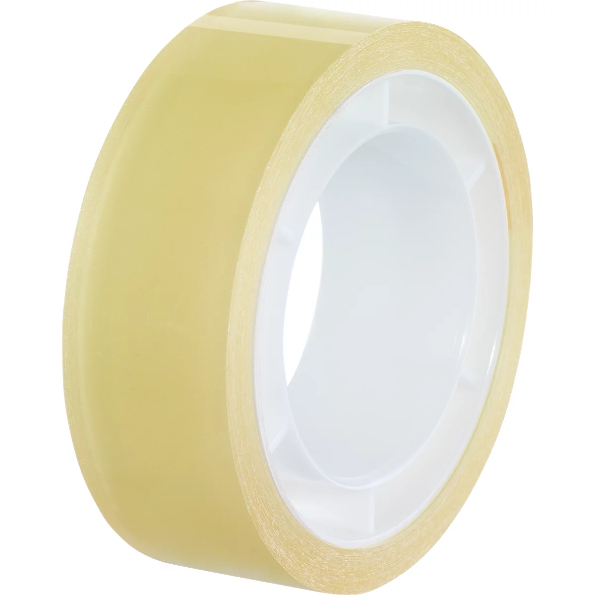 Rollo de cinta adhesiva transparente. El núcleo es blanco, la cinta es transparente.