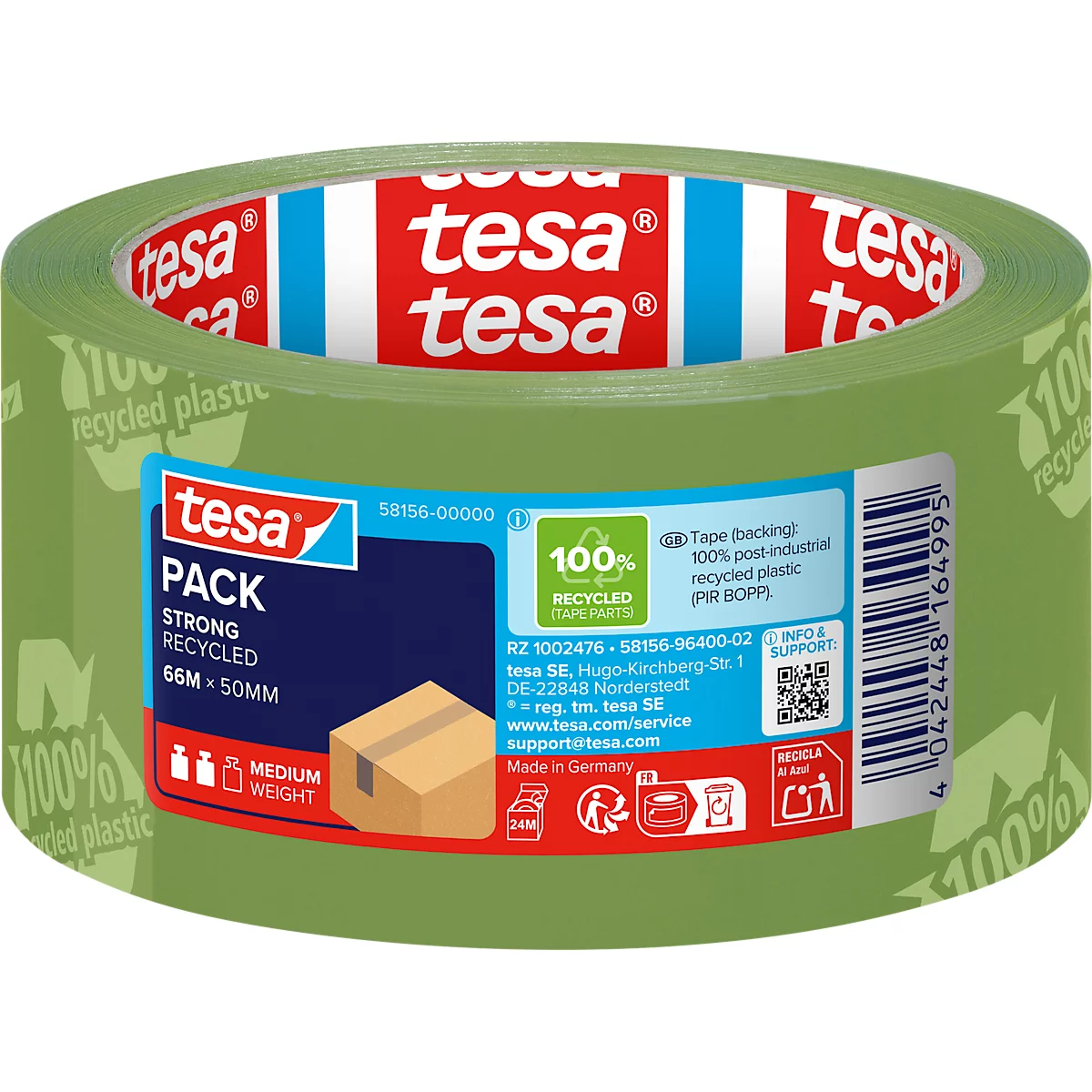 Cinta adhesiva Tesa verde con texto. La cinta es fuerte y reciclada. Información impresa sobre el producto, el reciclaje y el fabricante.