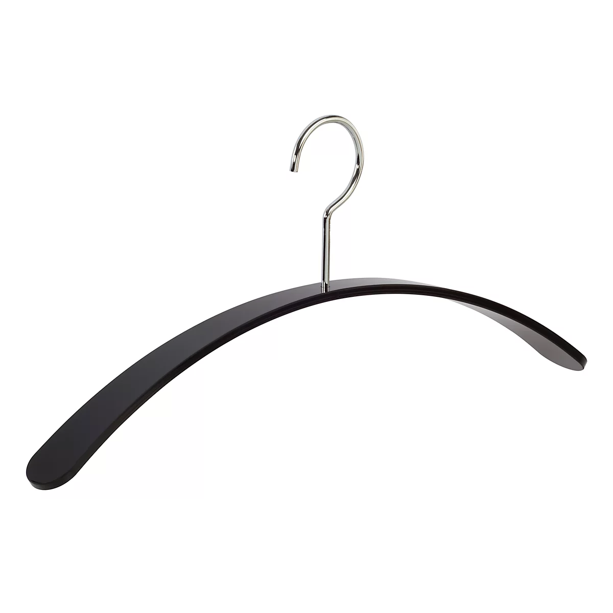 Cintre en bois noir avec crochet en métal brillant.