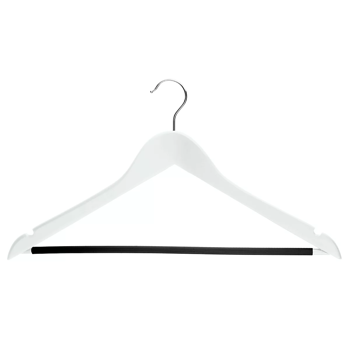 Cintre en bois blanc avec crochet en métal et barre noire, sur fond blanc.