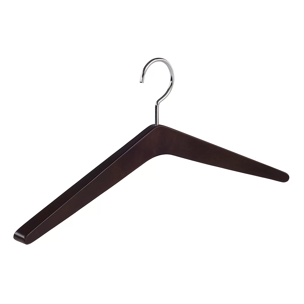 Un cintre en bois foncé avec un crochet chromé. La forme est moderne et angulaire.