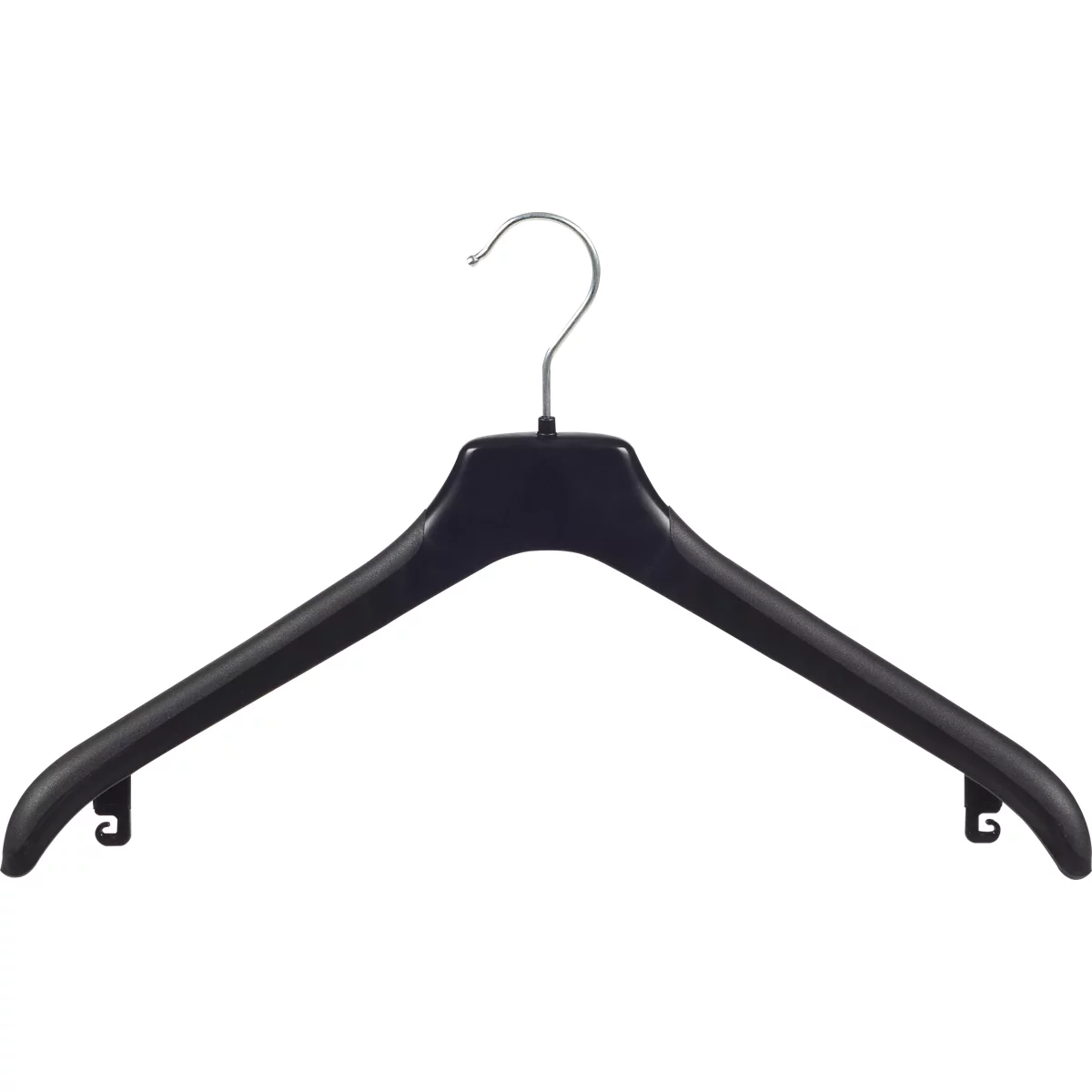 Cintre noir avec crochet en métal, sur fond blanc.