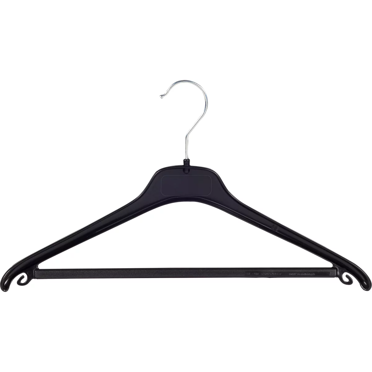 Cintre en plastique noir avec crochet en métal.