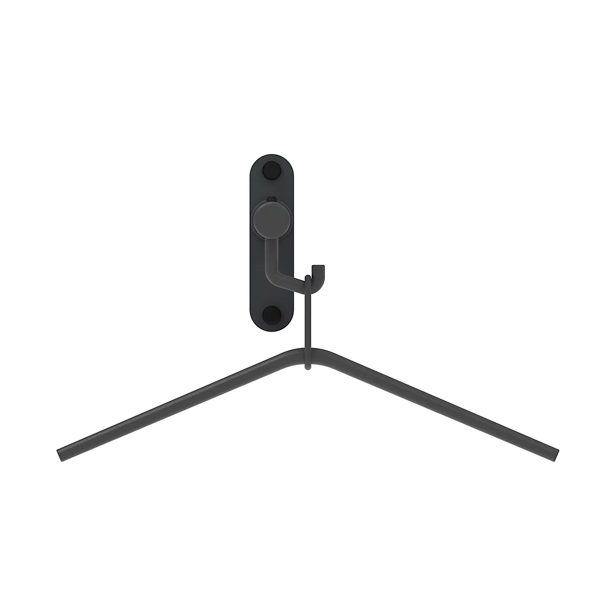 Un crochet mural noir avec un cintre sur fond blanc.