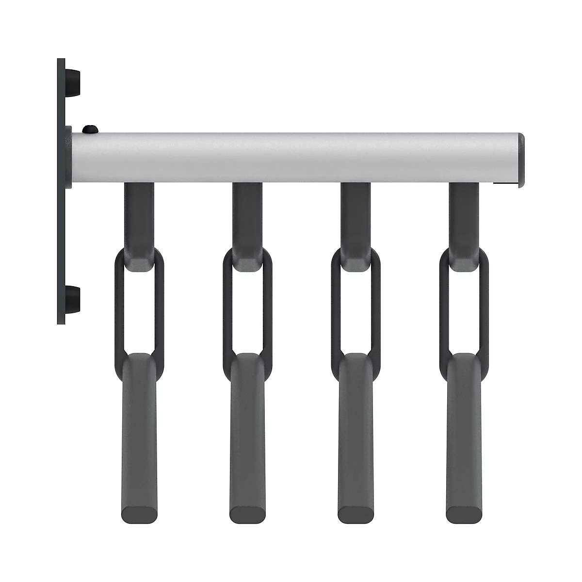 Barre argentée avec chaînes pour suspendre des objets. Fixée à un support noir.