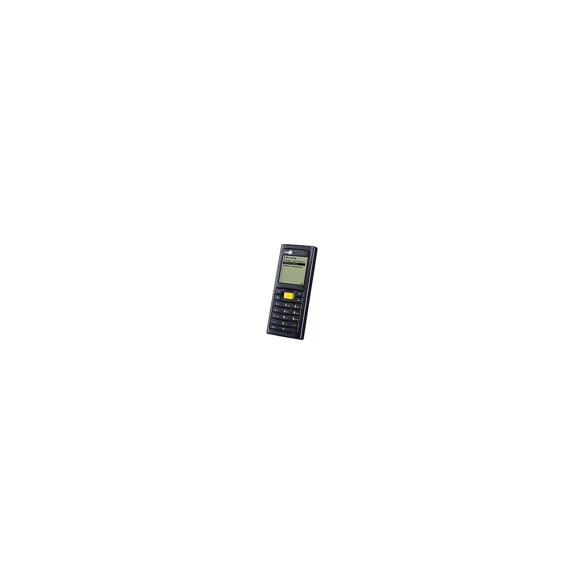 Schwarzes PDA-Gerät mit gelbem Knopf und Text auf Display: Receiving, Order fulfillment, Price checks, Stock management.