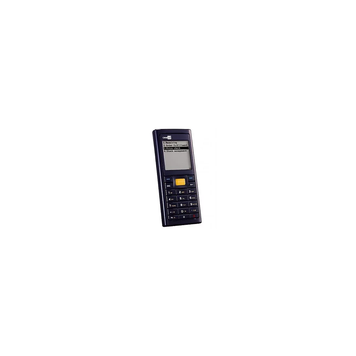 Dunkelblauer Handheld-Scanner mit Display und Tastatur. Auf dem Display sind Menüpunkte wie 'Preisprüfung' zu sehen.