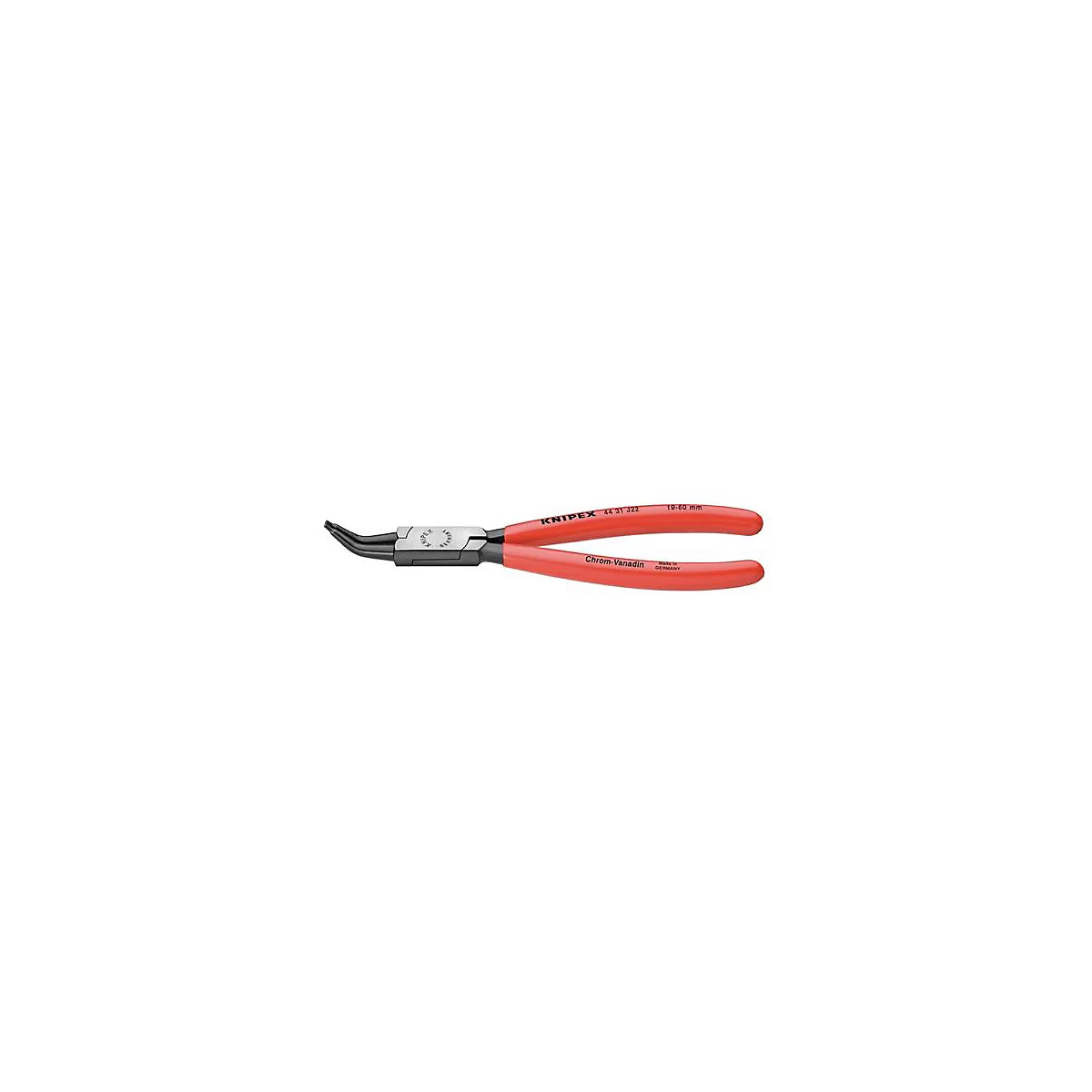 Angled pliers with red handles, shows 'KNIPEX' and 'Chrom-Vanadin'.