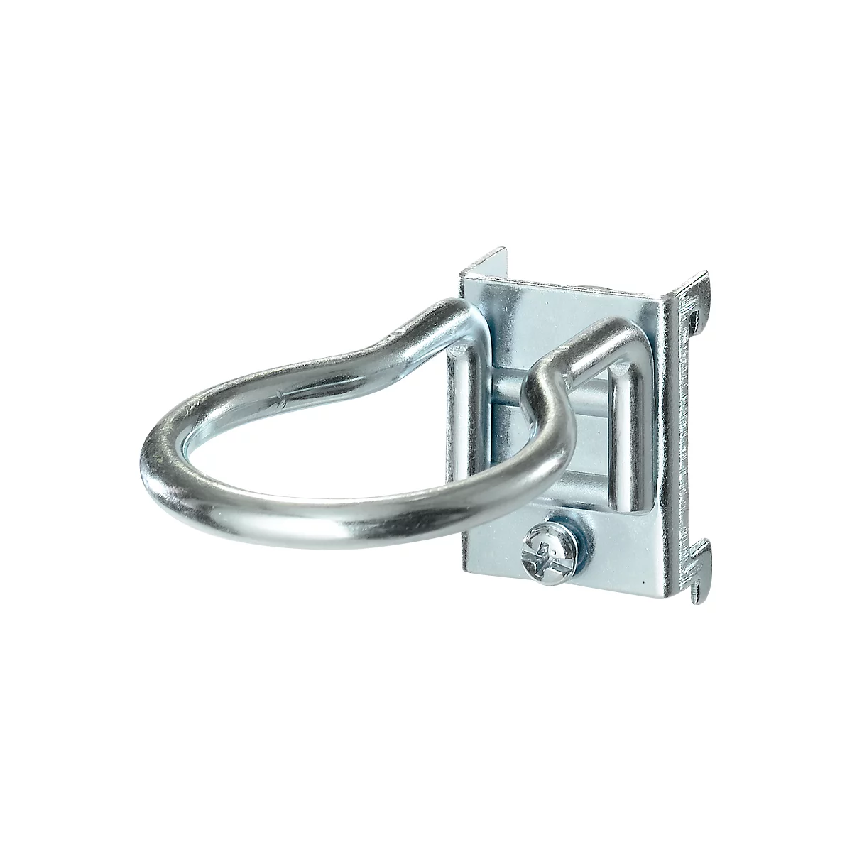 Metal hook with a bracket. The hook has a metal plate and a screw.