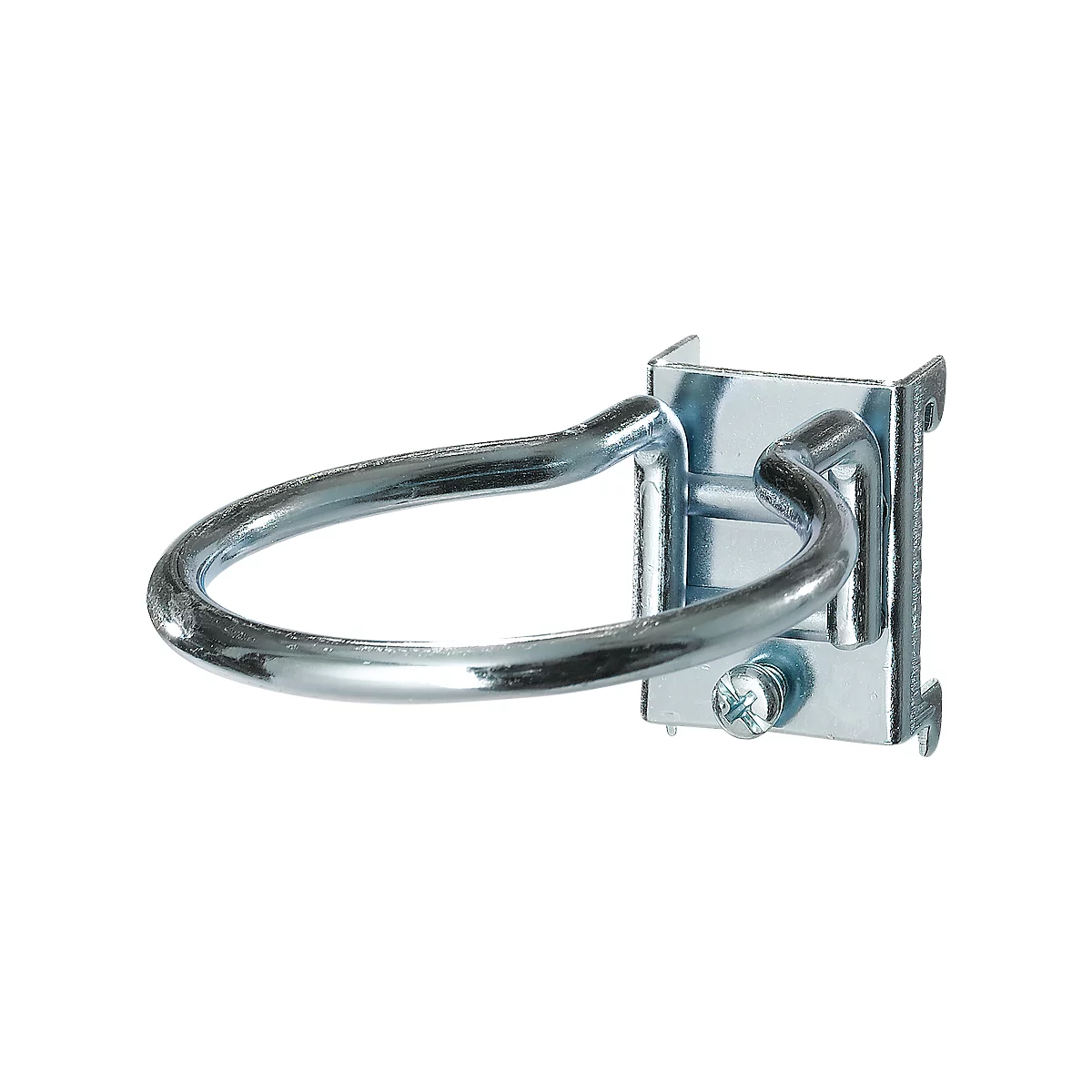 A silver hook consisting of a round ring and a square bracket. The ring is attached to the bracket and fixed with a screw.