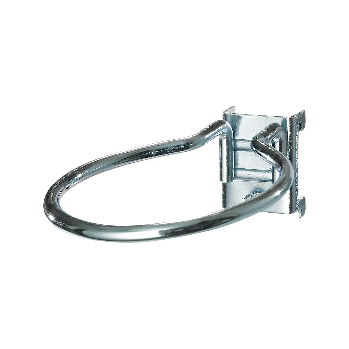 Metal ring on a metal bracket for wall mounting. Light gray colors.