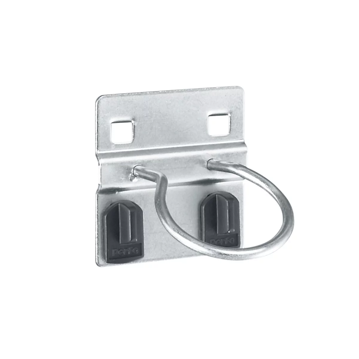 Metal bracket with hook and two black plastic parts on a white background.