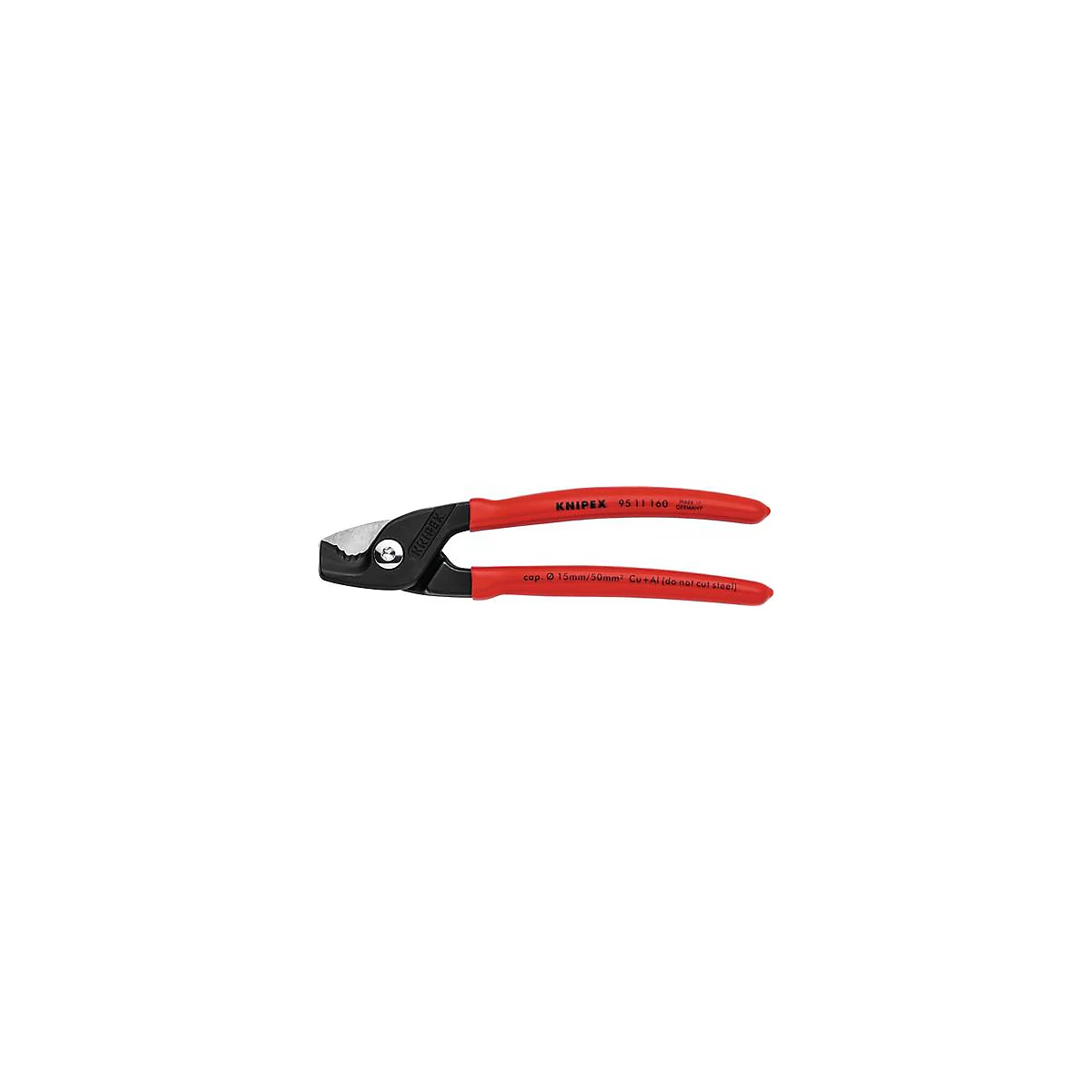 Coupe-câbles KNIPEX rouges et noirs. Inscription : KNIPEX, 95 11 160, Made in Germany, cop. 15mm/50mm² Cu+Al (do not cut steel).