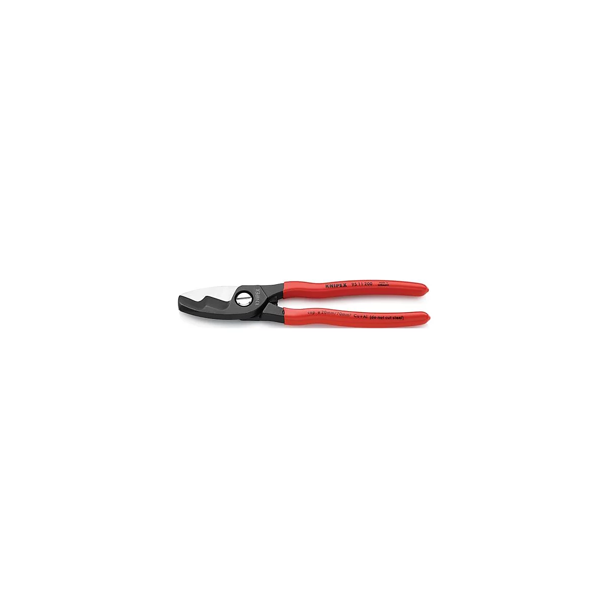 Coupe-câble, noir avec poignées rouges. Sur une poignée : Knipex 95 11 200. Sur l'autre : cap. Ø 20mm/70mm2 Cu+Al (do not cut steel).