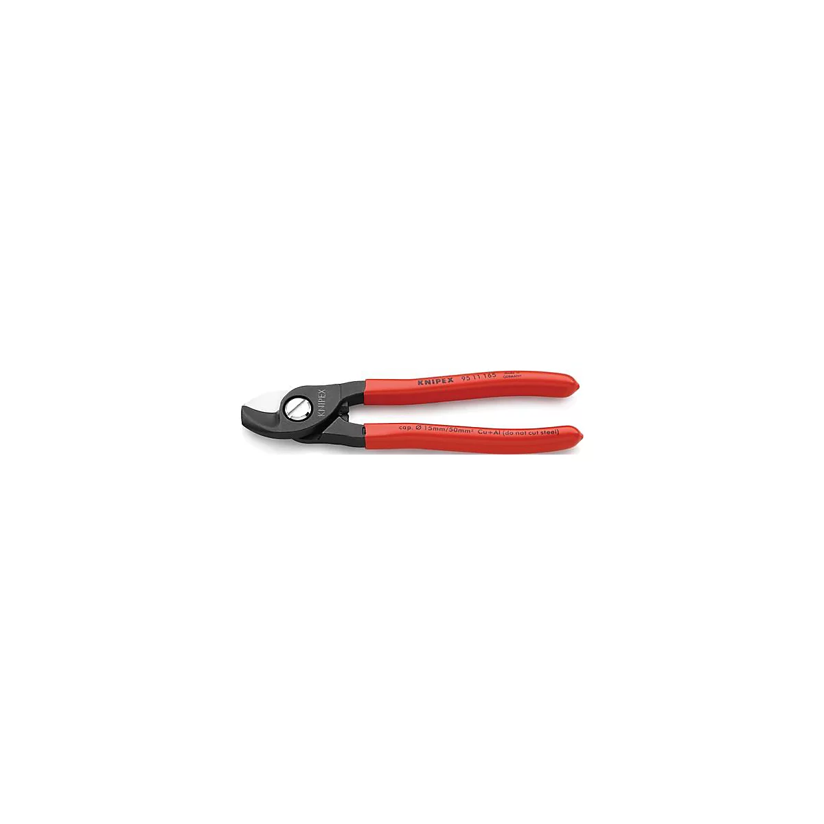 Pince coupante rouge et noire de la marque KNIPEX. Des informations sur le produit sont écrites sur les poignées.