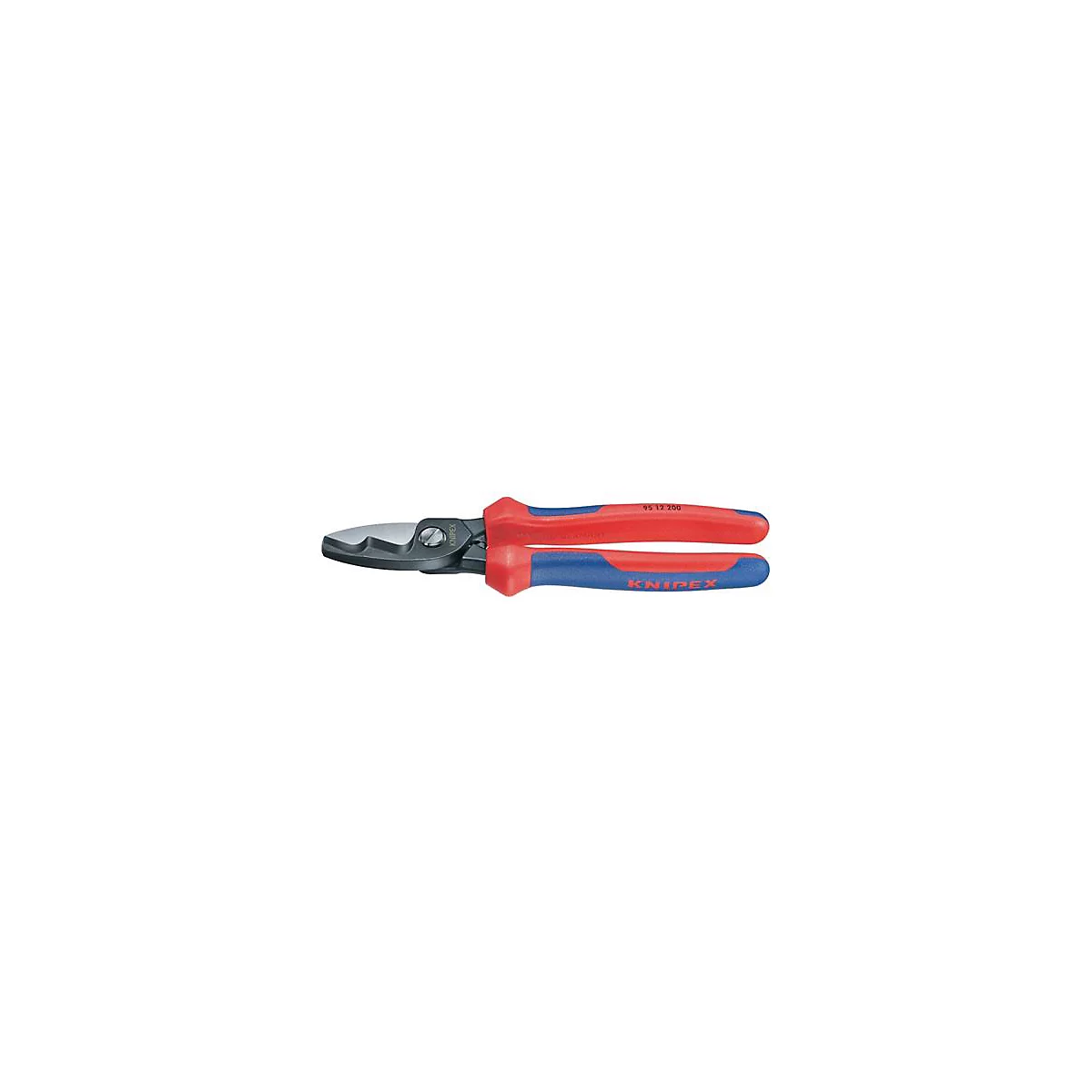 Pince coupante en forme de ciseaux avec des poignées rouges et bleues, en métal foncé. Inscription : KNIPEX.