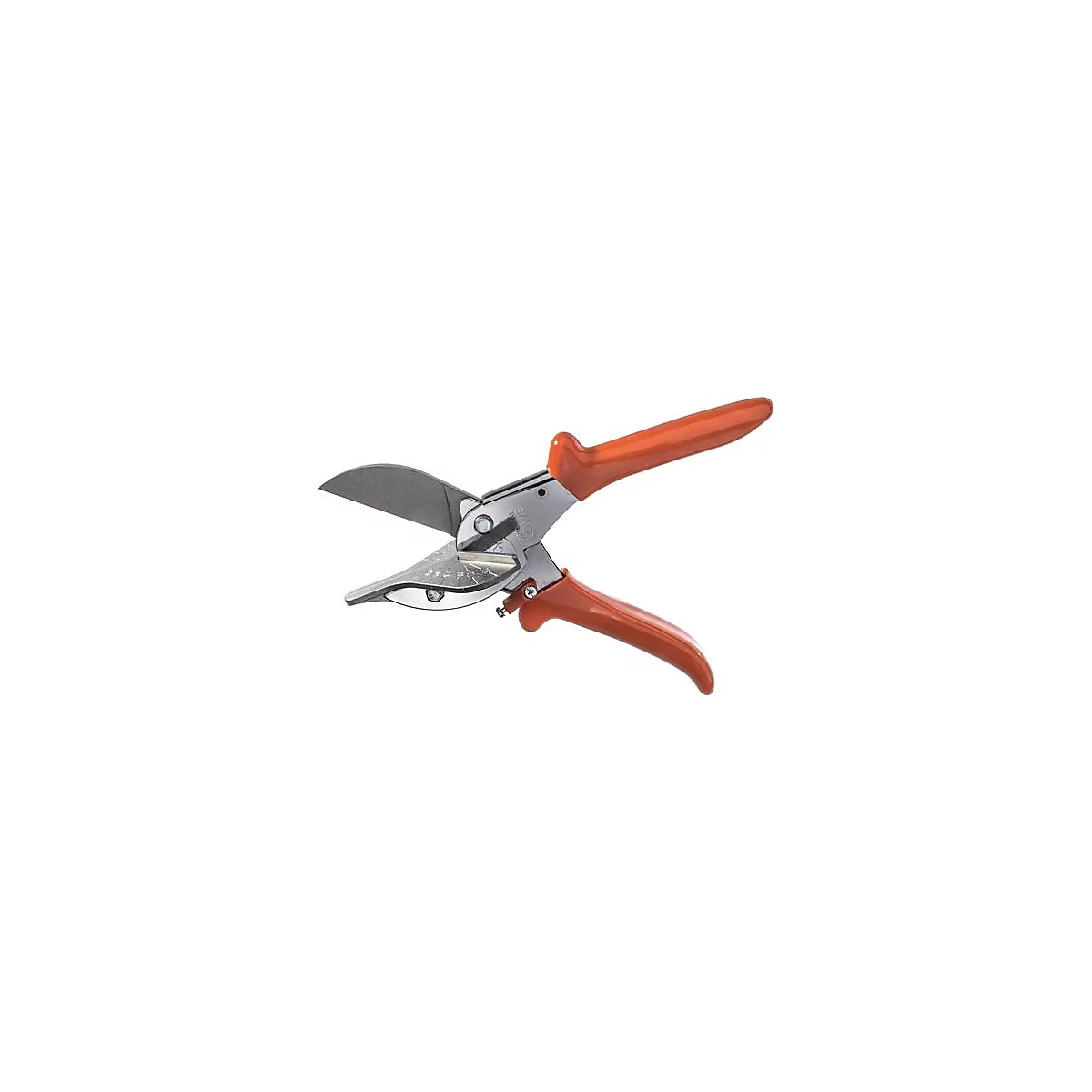 Gros plan d'un sécateur avec des poignées orange et des lames argentées, ouvert.