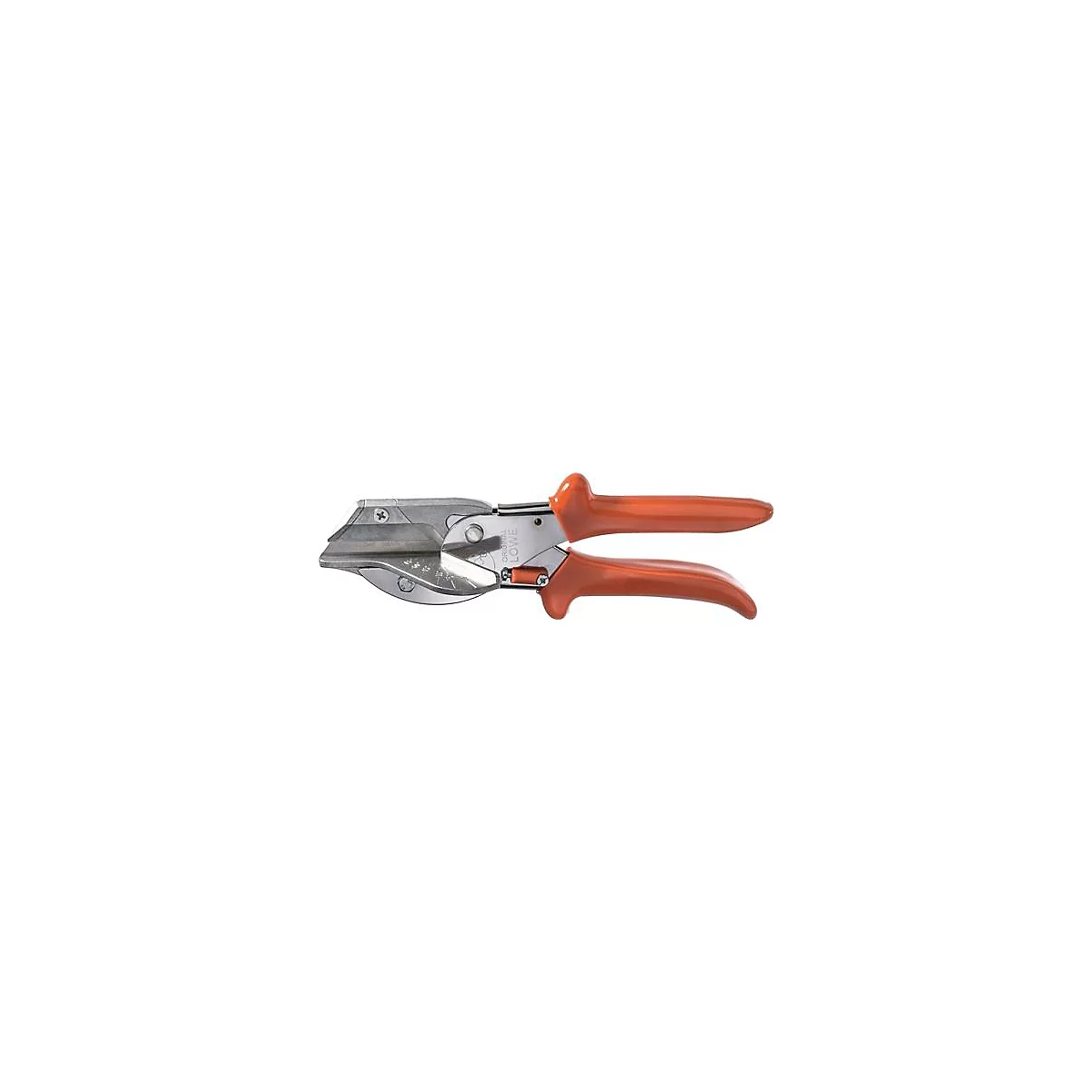 Coupe-angle métallique avec poignées orange ; montre les lames et le nom de la marque Lowe.