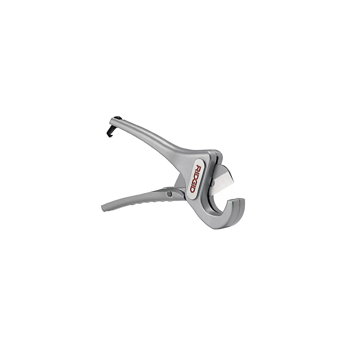 Coupe-tube en métal gris avec le mot "RIDGID" en rouge.
