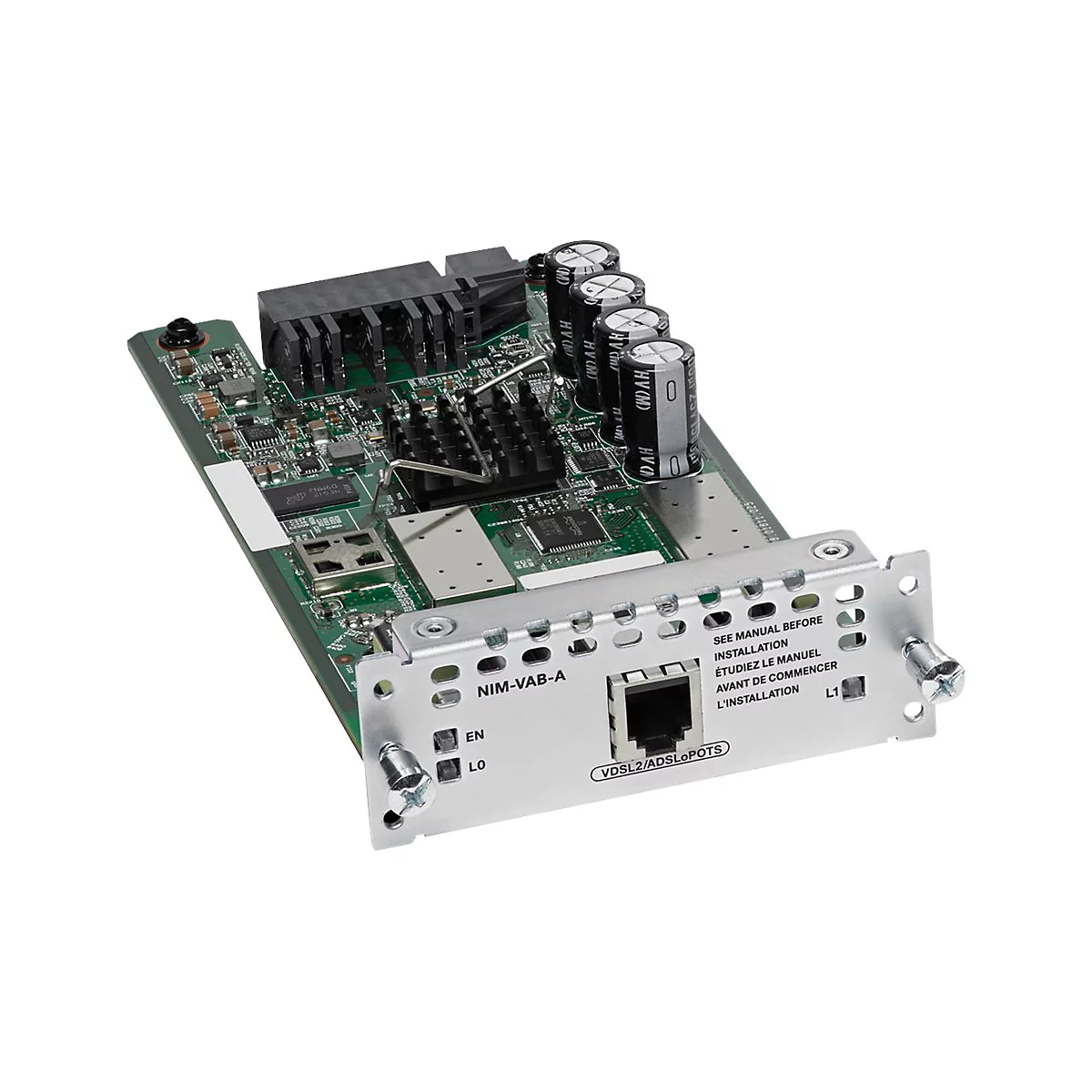 Eine grüne Platine mit elektronischen Komponenten und einem Metallrahmen, mit Aufschriften wie 'NIM-VAB-A' und 'VDSL2/ADSLPOTs'.