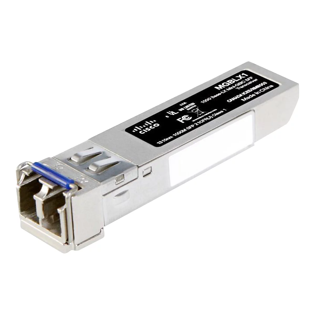 Ein silberner Cisco-Transceiver auf weißem Hintergrund. Der Transceiver hat eine blaue Klammer und schwarze Schriftzüge.