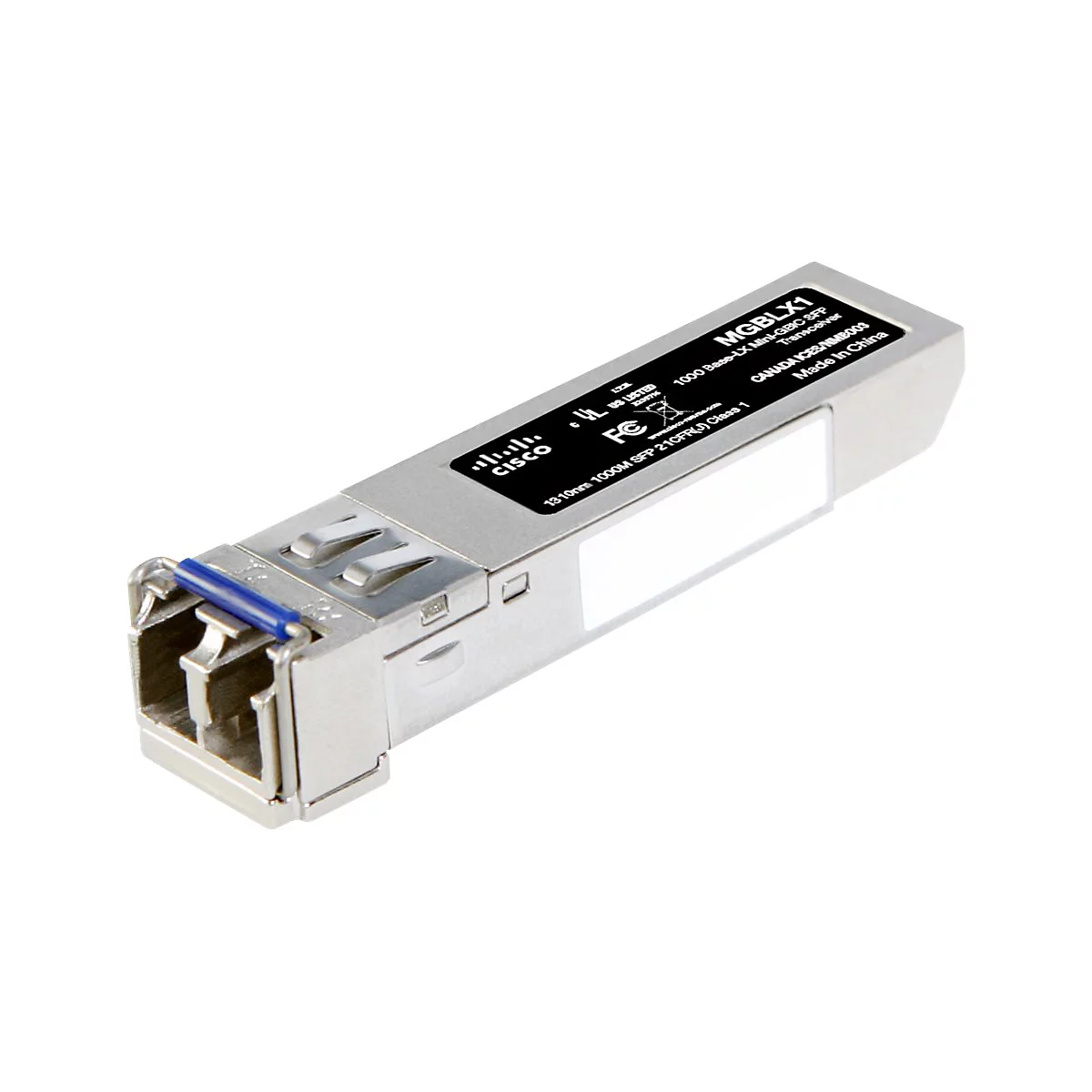Ein silberner Cisco Mini-GBIC-Transceiver mit blauer Klammer und Beschriftung.