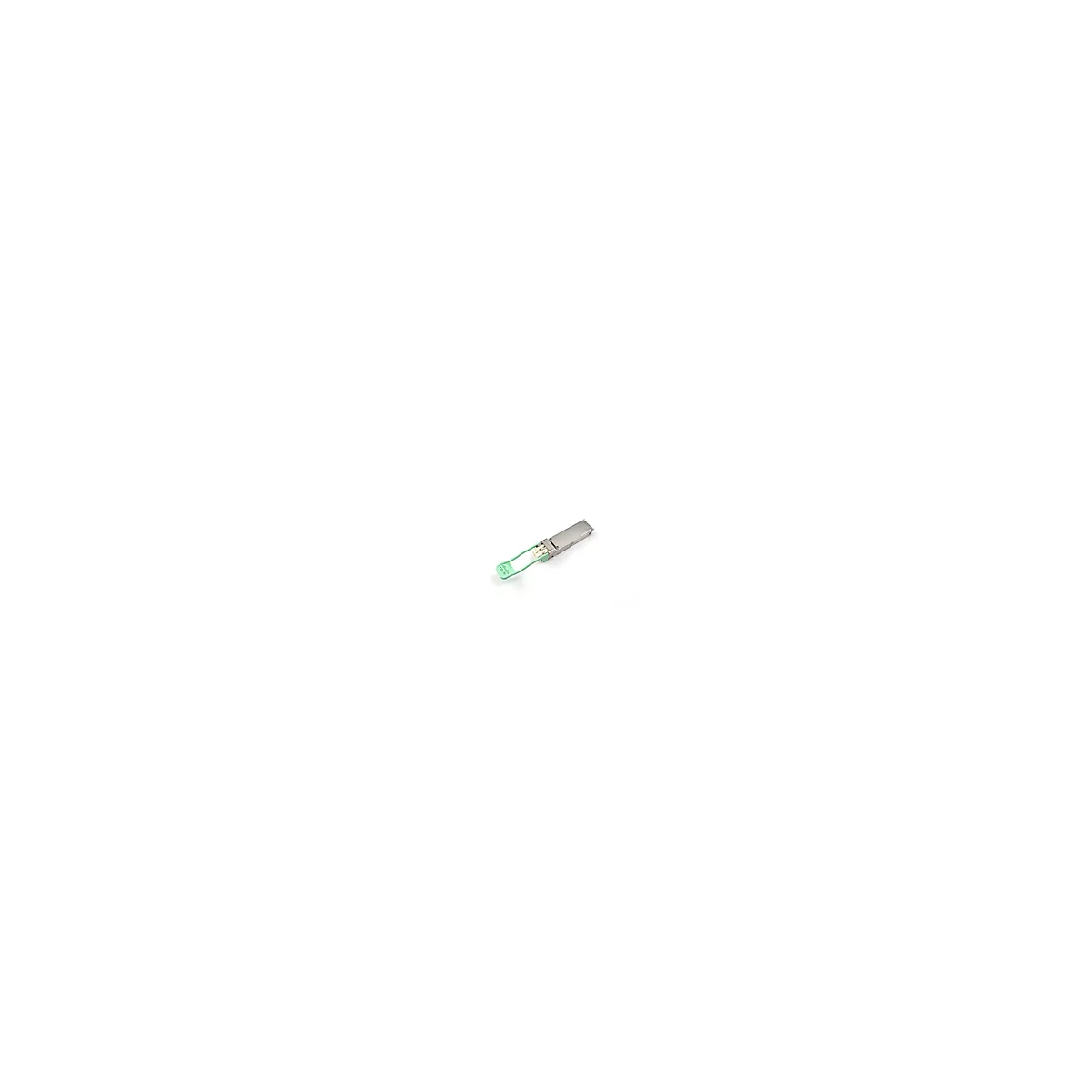 Un émetteur-récepteur SFP argenté avec une languette verte, est posé sur un fond blanc. Cisco est écrit sur la poignée.