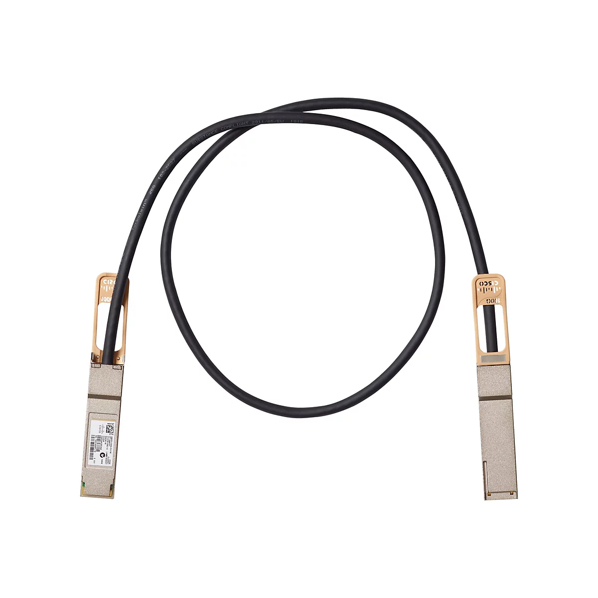 Schwarzes Kabel mit AnschlÃ¼ssen an beiden Enden. Auf den AnschlÃ¼ssen sind goldfarbene Halterungen und Beschriftungen zu sehen.