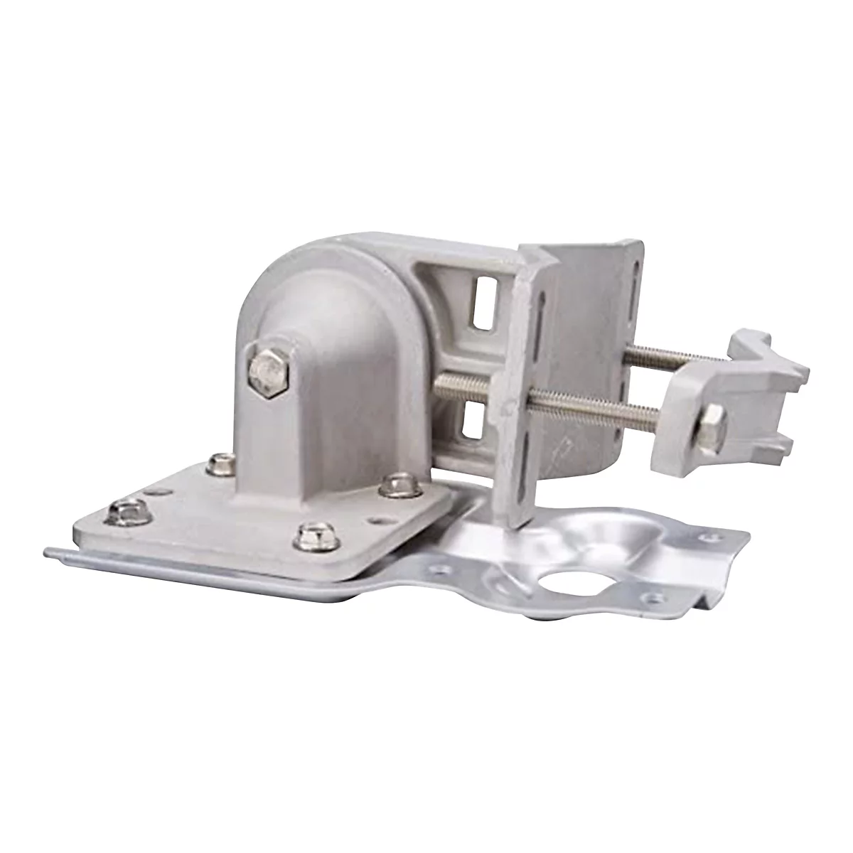 Metallwinkel mit Schrauben, Muttern und einer Halterung; vor weißem Hintergrund.