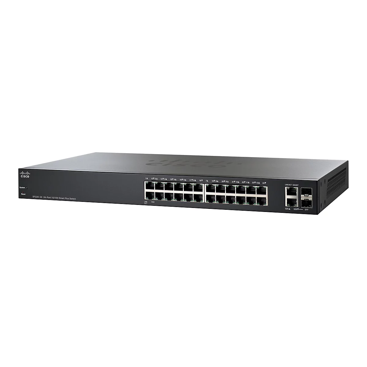 Schwarzer Cisco SF220-24 Netzwerk-Switch mit 24 Ports und zwei SFP-Anschlüssen vor weißem Hintergrund.