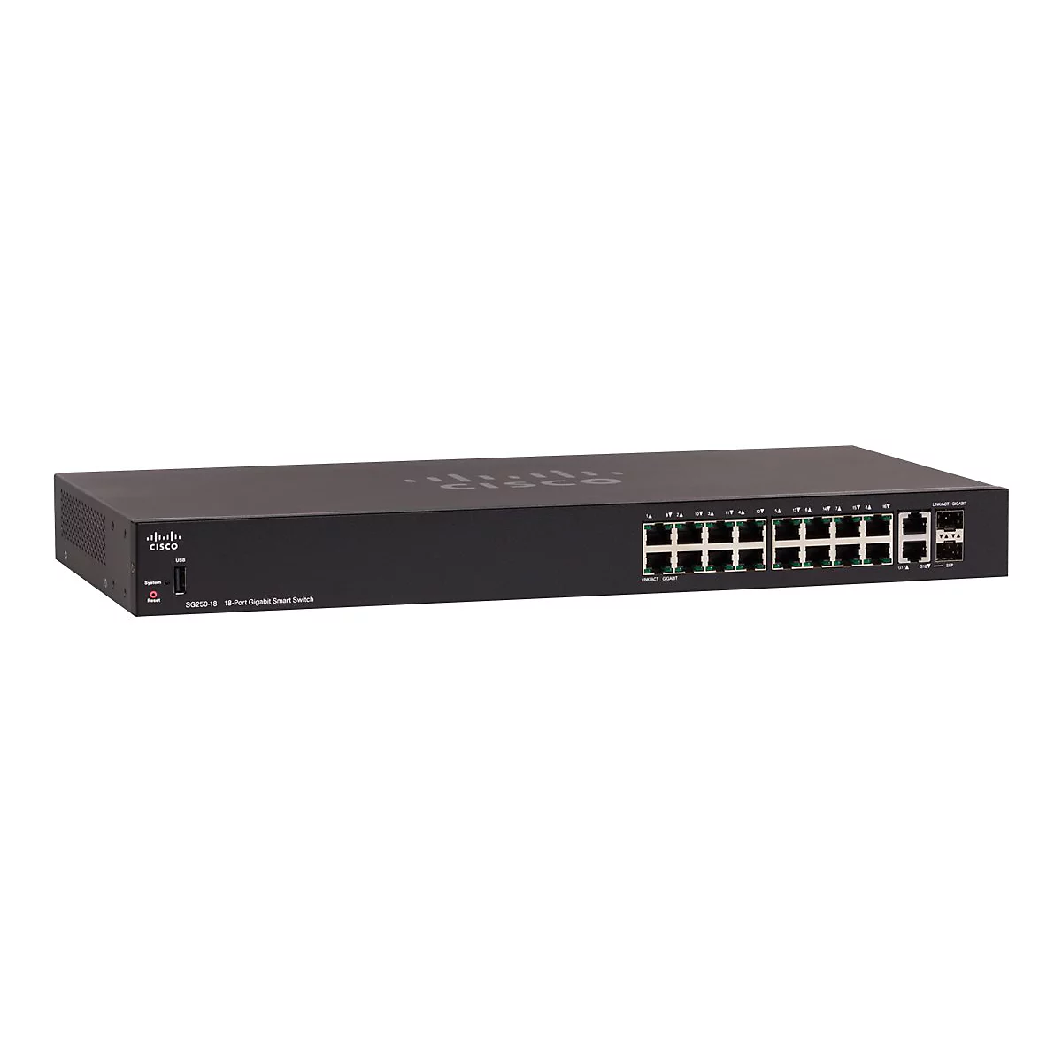 Schwarzer Netzwerk-Switch mit 18 Ports. Aufschrift: Cisco. Port-Anschlüsse und Kontrollleuchten deutlich erkennbar.