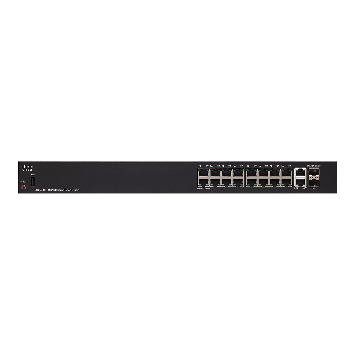 Schwarzer Netzwerk-Switch mit Ports, Cisco-Logo und Modellbezeichnung SG250-18.