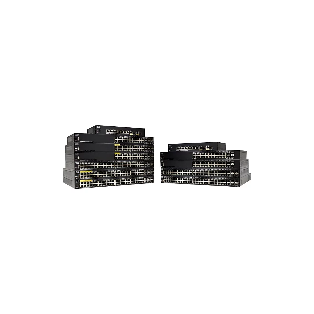 Mehrere schwarze Cisco Netzwerk-Switches in zwei Stapeln vor weißem Hintergrund.