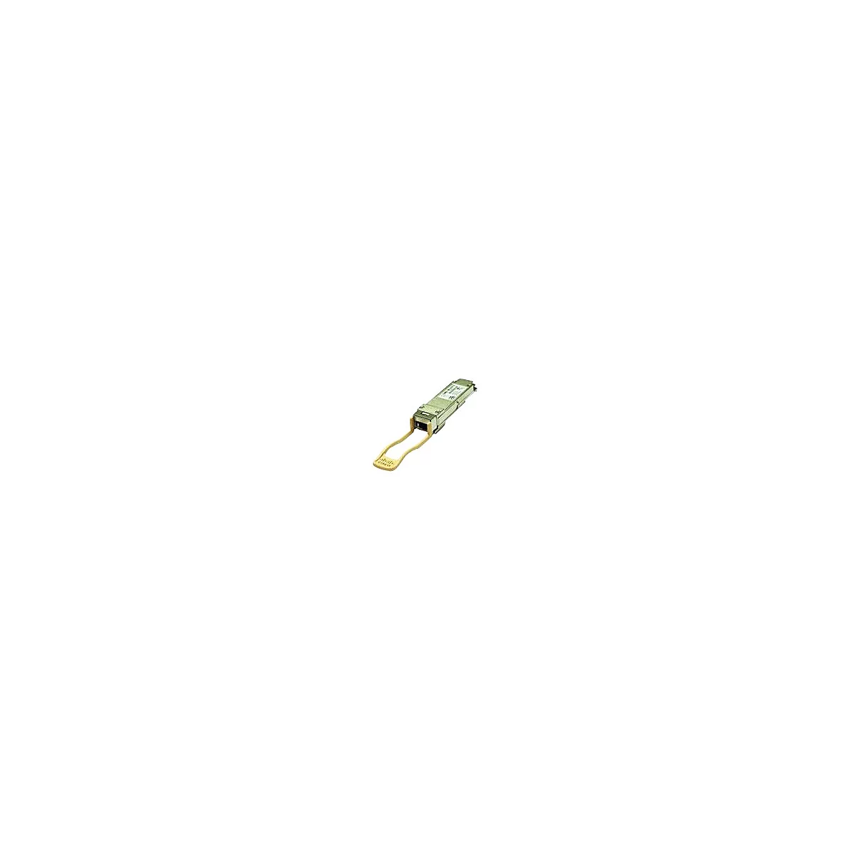 Metallfarbener Cisco Transceiver mit beige farbenem Bügel vor weißem Hintergrund.