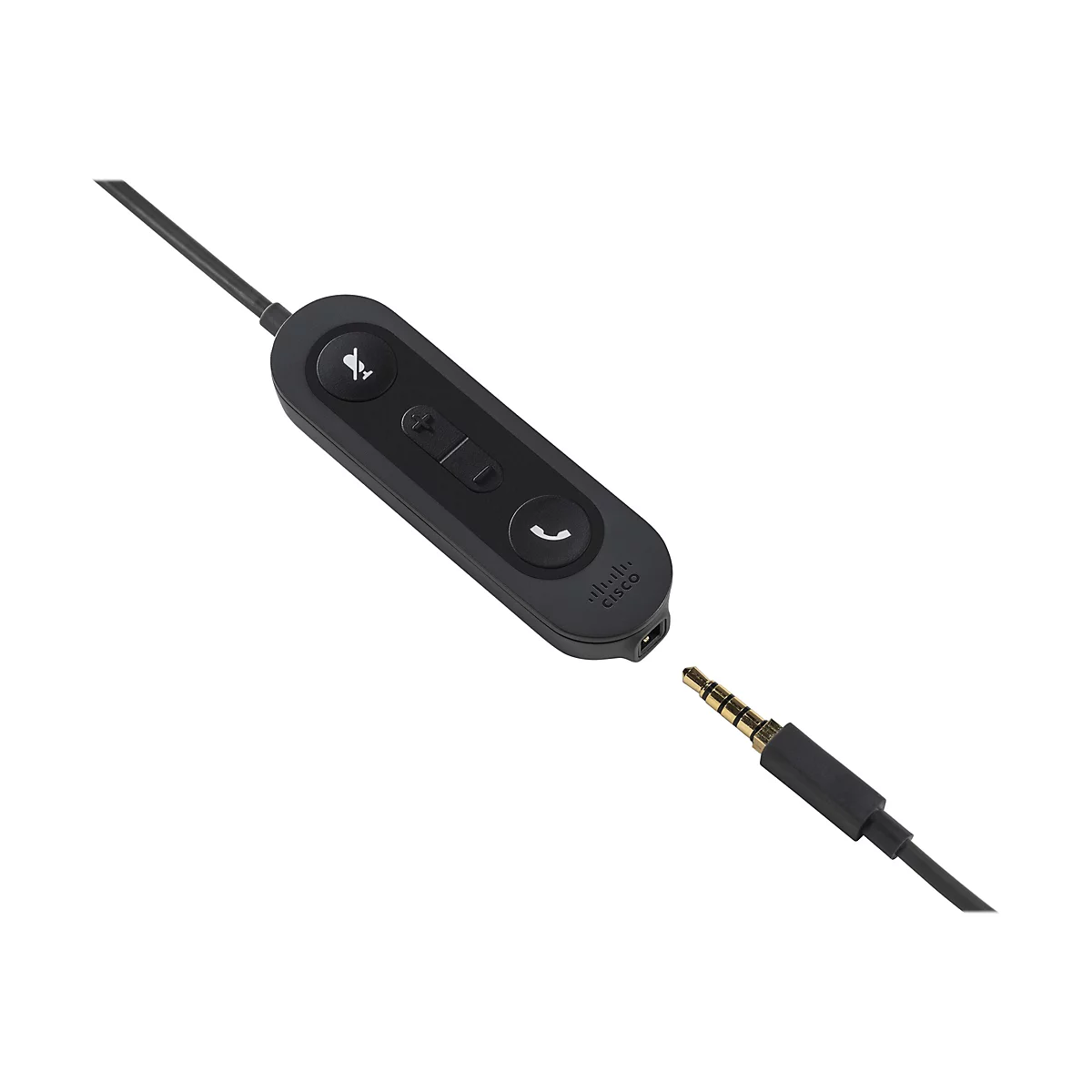 Nahaufnahme eines schwarzen Audiokabels mit Bedienelementen und 3,5-mm-Klinkenstecker. Mikrofonsymbol, Lautstärke und Anrufannahme-Taste sind erkennbar.