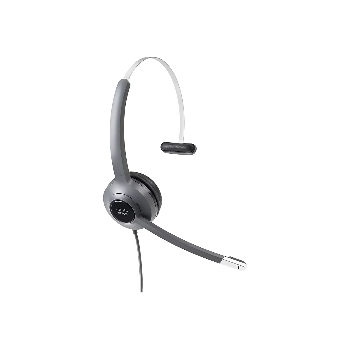 Graues Cisco Headset vor weißem Hintergrund. Das Headset hat einen gepolsterten Ohrhörer und einen verstellbaren Kopfbügel. Ein Mikrofon ist am Kopfhörer angebracht.