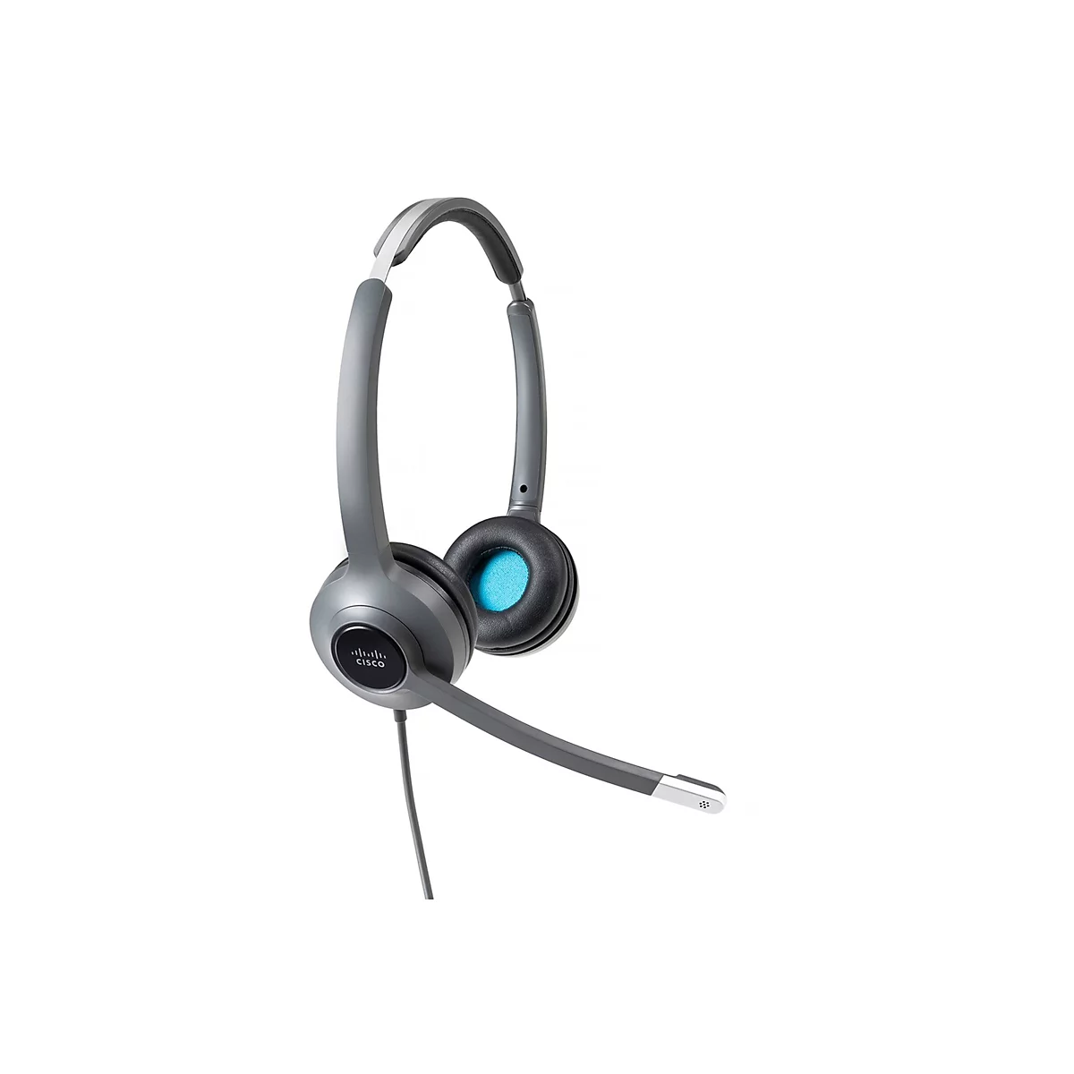 Casque Cisco gris sur fond blanc. Le casque est doté d'un microphone et de coussinets bleus.