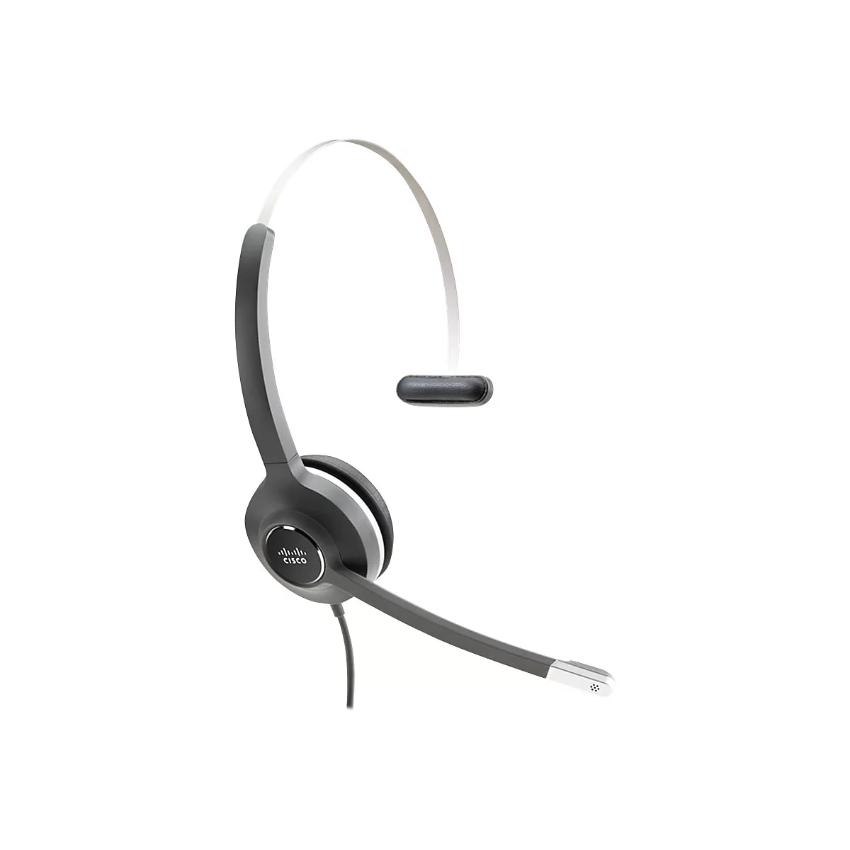 Ein graues Cisco-Headset mit Mikrofon auf weißem Hintergrund.