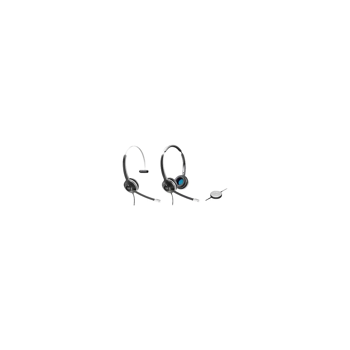 Drei Headsets. Zwei schwarz-silberne Headsets mit Mikrofon, das dritte ist ein Telefon-Mute-Button.