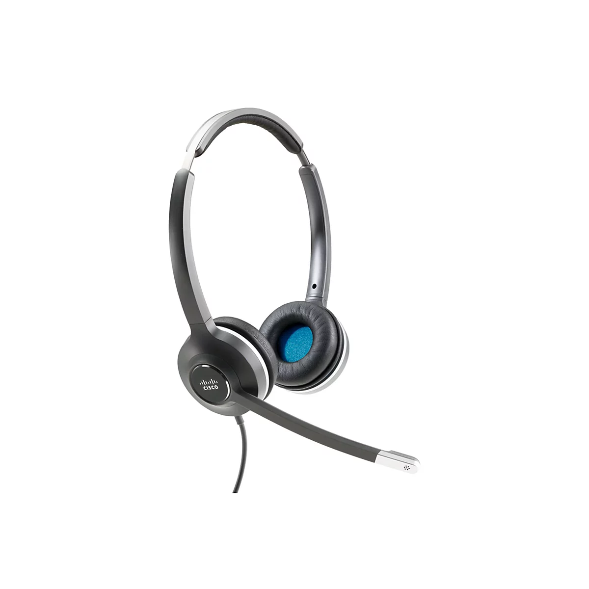 Ein graues Cisco-Headset mit blauem Ohrpolster. Der Mikrofonarm ist nach links gerichtet.