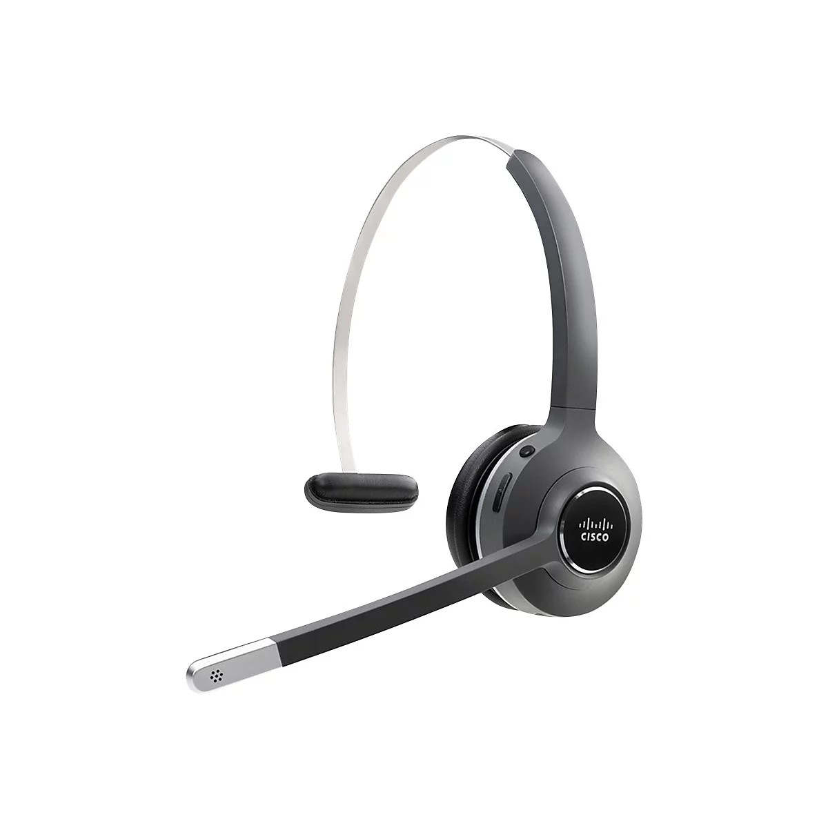 Casque Cisco sans fil gris avec microphone, arceau argenté, microphone noir.