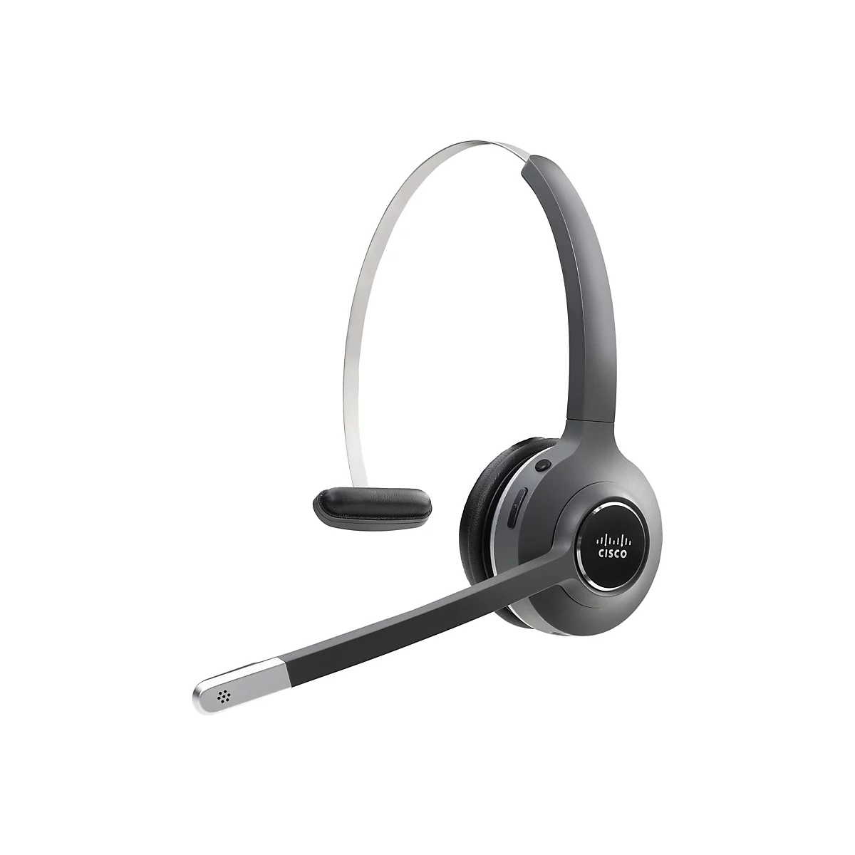 Graues kabelloses Headset auf weißem Hintergrund. Der Kopfbügel ist silber, der Lautsprecher grau und trägt das Cisco-Logo, der Mikrofonarm ist schwarz.