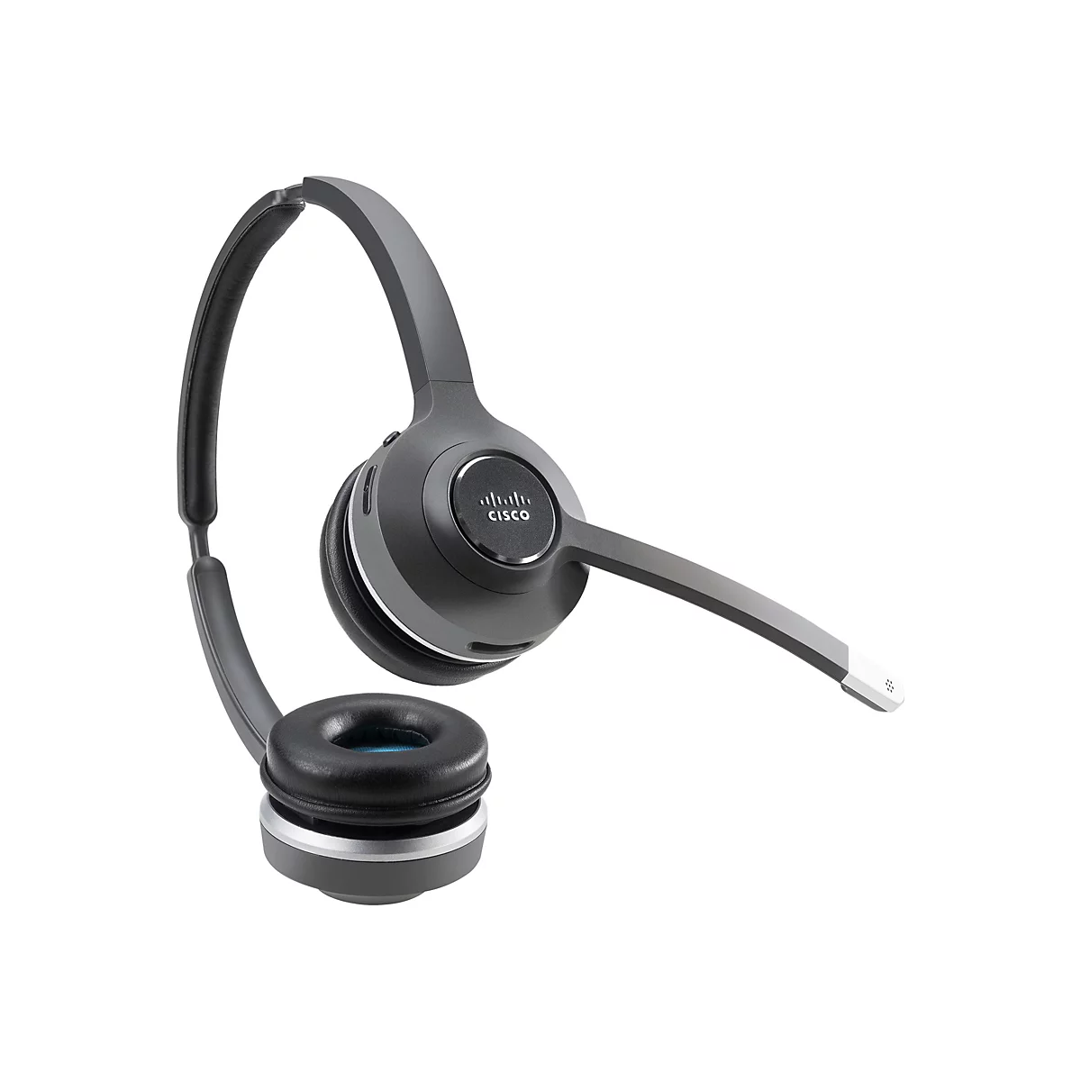 Un casque Cisco gris avec microphone sur fond blanc. Le casque a un bandeau rembourré et un coussinet d'oreille.