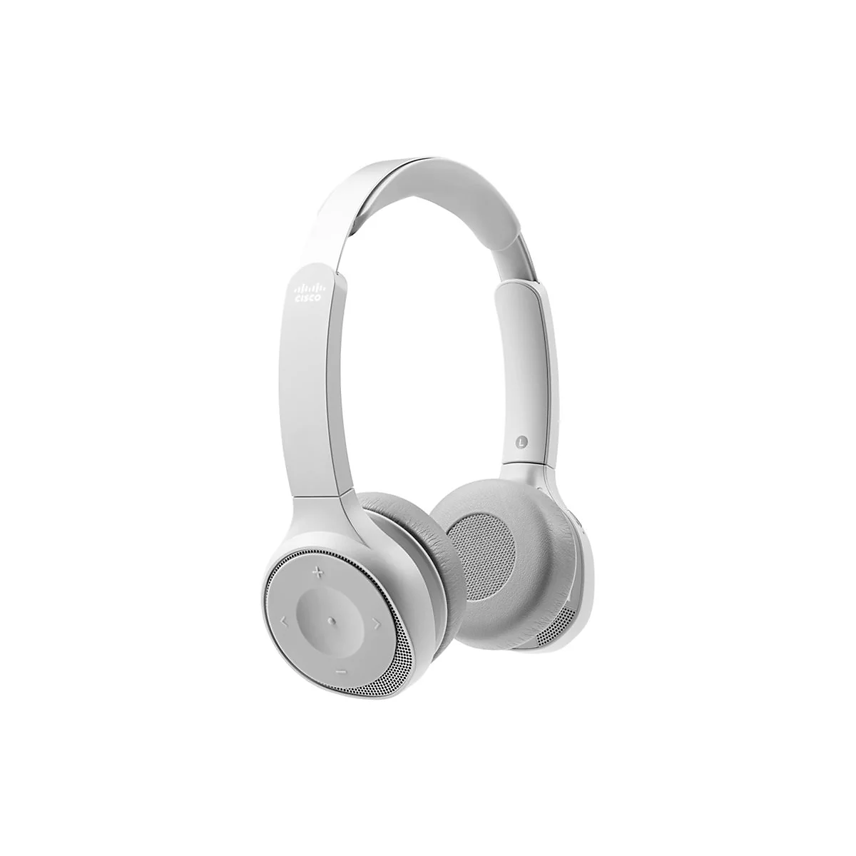 Casque gris clair avec logo Cisco sur fond blanc.
